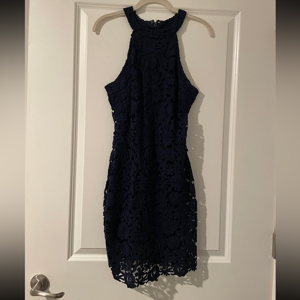 Lulus Love Poem Navy Blue Lace Mini Dress Small
